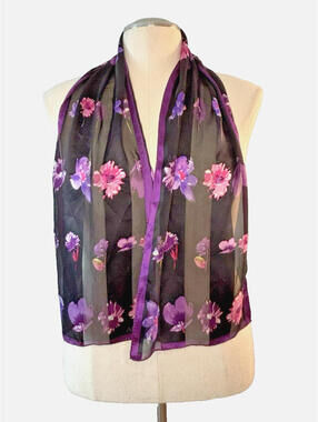 Vtg 1980's Anne Klein Black Purple Floral Silk Hand Rolled Scarf 10.5"x52" EUC